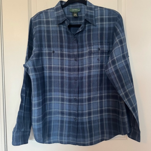 Lauren Ralph Lauren Women’s 100% Linen Blue Plaid Button-Up Shirt - Picture 1 of 7